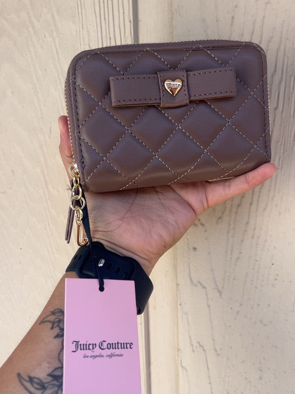Juicy Couture Quilted Bow Zip Wallet in Taupe Brown with Gold Hardware